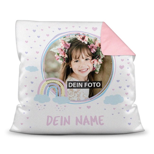 Bild von Kinder-Kissen - Fotocollage Regenbogen - Rückseite Rosa