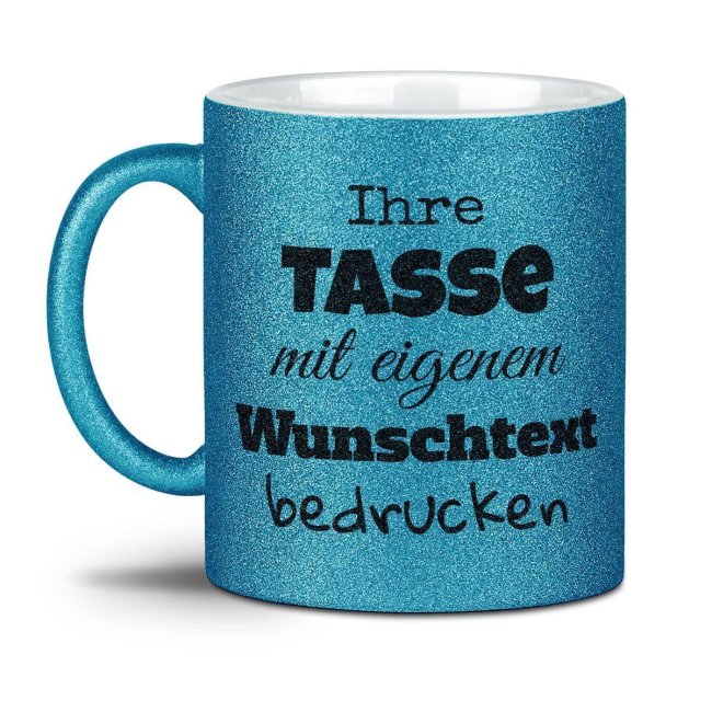 Bild von Glitzertasse selbst gestalten mit Wunschtext - Blau - Mittig gegenüber vom Henkel bedruckt
