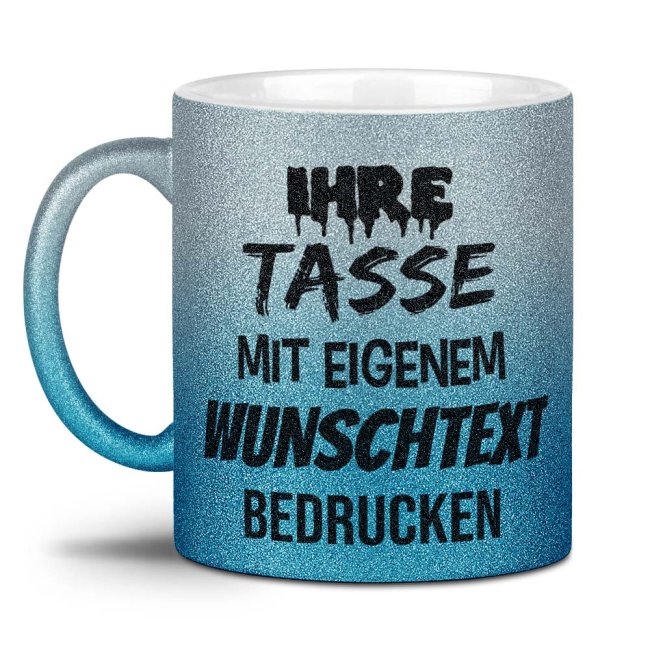 Bild von Tasse mit Glitzer - mit Text selbst gestalten - Verlauf Silber-Blau - Mittig gegenüber vom Henkel bedruckt