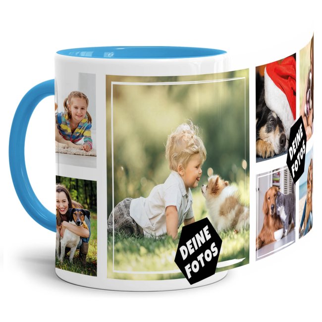 Bild von Foto-Tasse zum selbst gestalten mit Foto-Collage für 7 Wunschfotos - Geschenk für Familie, Freunde, Geburtstag, Weihnachten - Keramik Innen & Henkel Hellblau, 300 ml I Personalisiert