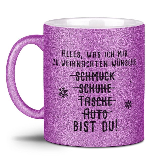Bild von Glitzertasse Weihnachten - Alles was ich mir wünsche bist du! - Lila