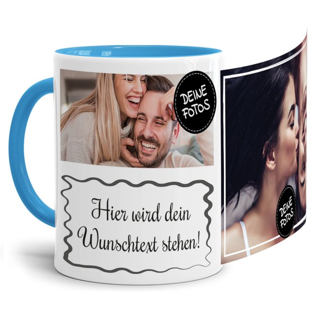 Bild von Tasse mit Fotocollage und Wunschtext - 2 Fotos - Innen & Henkel Hellblau