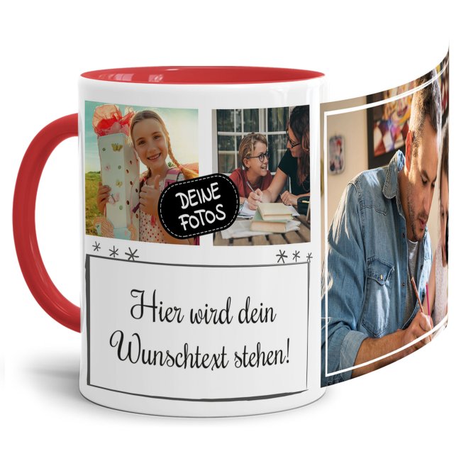 Bild von Tasse mit Fotocollage und Wunschtext - 3 Fotos - Innen & Henkel Rot