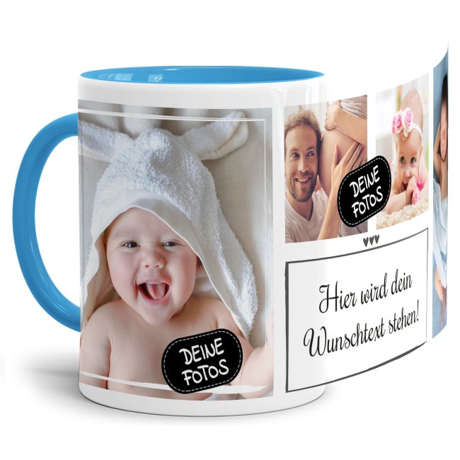 Bild von Tasse mit Fotocollage und Wunschtext - 4 Fotos - Innen & Henkel Hellblau