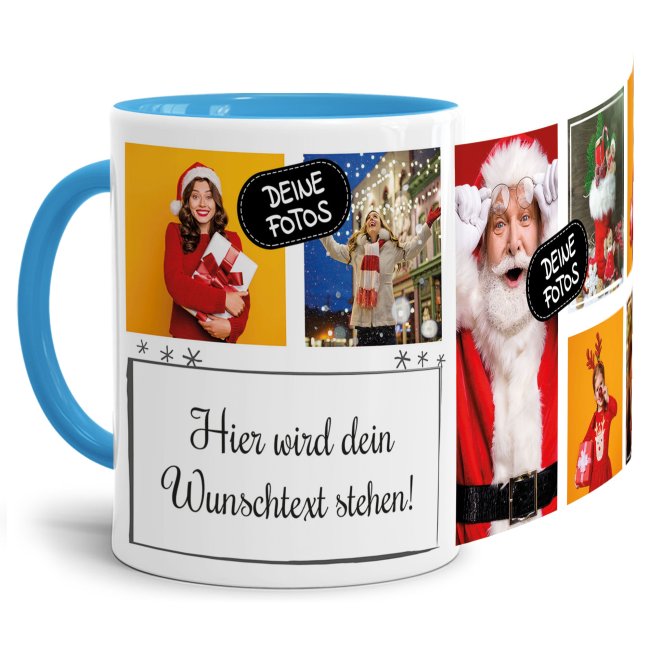 Bild von Tasse mit Fotocollage und Wunschtext - 7 Fotos - Innen & Henkel Hellblau