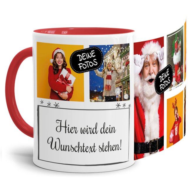 Bild von Tasse mit Fotocollage und Wunschtext - 7 Fotos - Innen & Henkel Rot