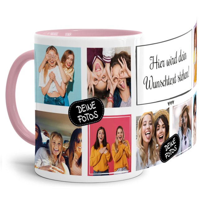 Bild von Tasse mit Fotocollage und Wunschtext - 8 Fotos - Innen & Henkel Rosa