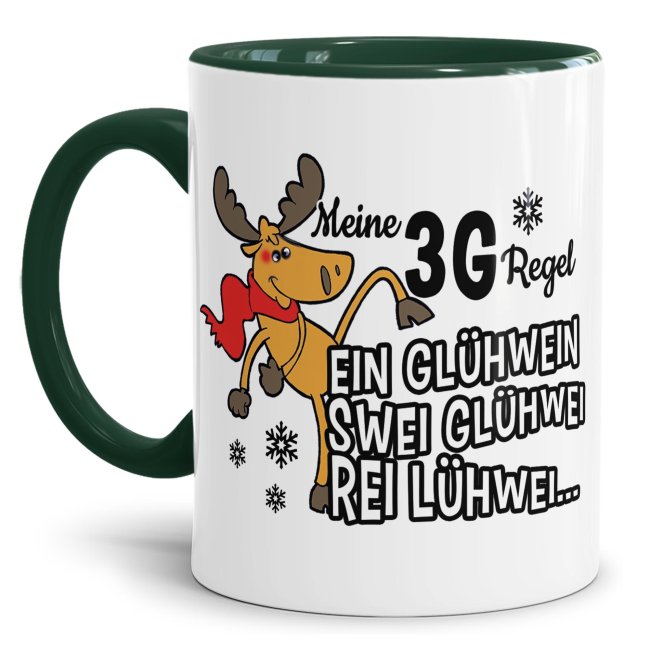 Bild von Weihnachtstasse 3G-Regel - Ein Glühwein, Swei Glühwei, Rei Lühwei - Innen & Henkel Dunkelgrün