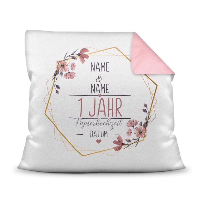 Bild von Hochzeitstag Kissen - Papierhochzeit - mit Name & Datum - Rückseite Rosa