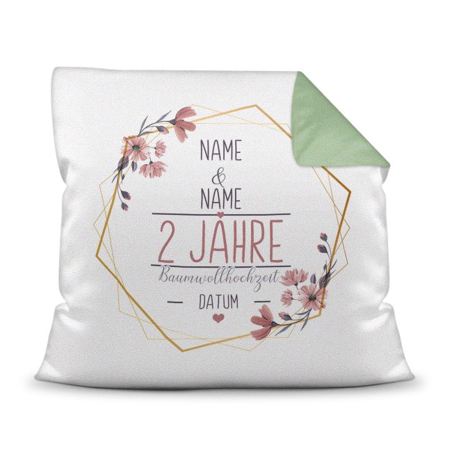 Bild von Hochzeitstag Kissen - Baumwollhochzeit - mit Name & Datum - Rückseite Grün