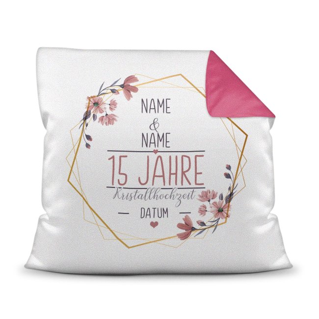 Bild von Hochzeitstag Kissen - Kristallhochzeit - mit Name & Datum - Rückseite Pink