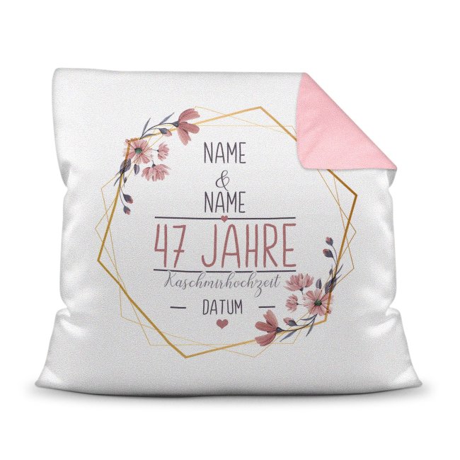 Bild von Hochzeitstag Kissen - Kaschmirhochzeit - mit Name & Datum - Rückseite Rosa