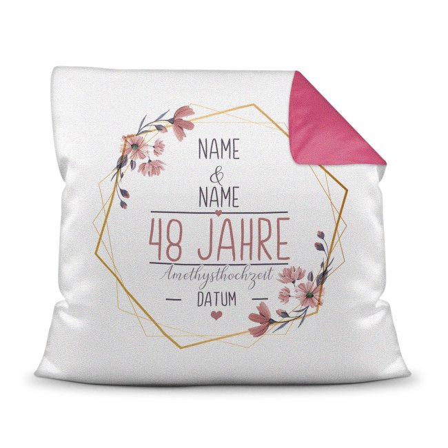 Bild von Hochzeitstag Kissen - Amethysthochzeit - mit Name & Datum - Rückseite Pink
