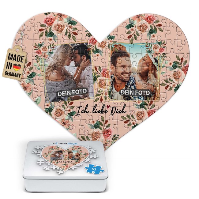 Bild von Herz Puzzle mit zwei Fotos - Ich liebe dich - 63 Teile in der Metalldose