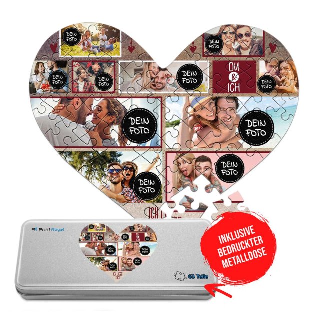 Bild von Herz Puzzle mit zehn Fotos - Du & Ich - 63 Teile in der Metalldose