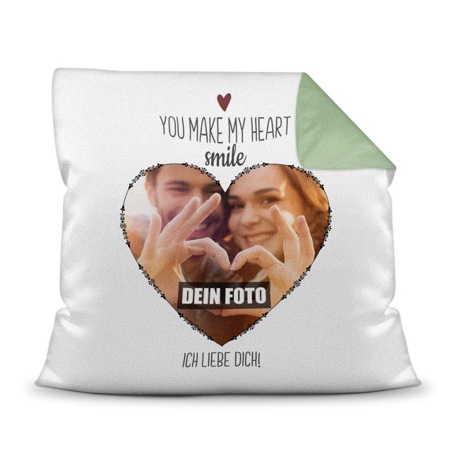 Bild von Kissen mit Fotocollage - You make my heart smile - Rückseite Grün
