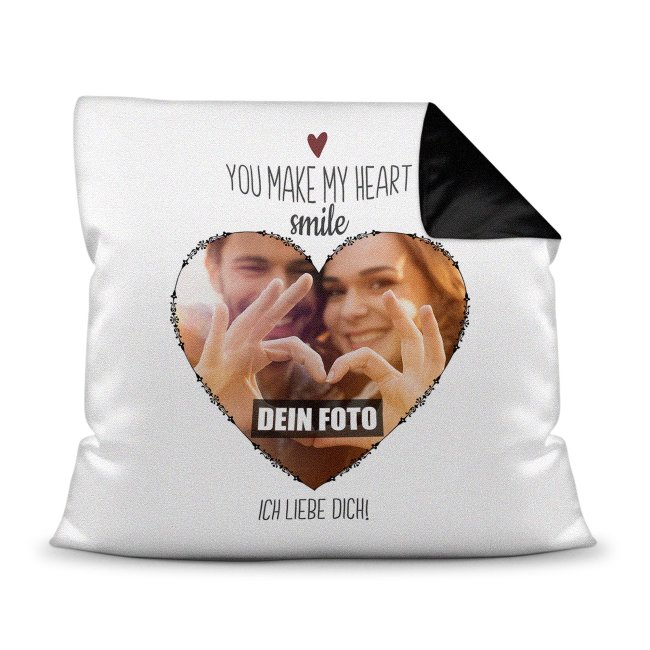 Bild von Kissen mit Fotocollage - You make my heart smile - Rückseite Schwarz