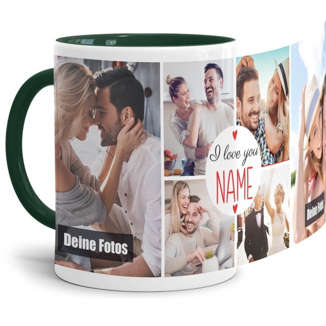 Bild von Tasse - I love you - Collage aus 6 Fotos plus Name - Innen & Henkel Dunkelgrün
