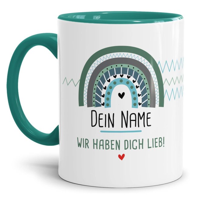 Bild von Tasse mit Name - Regenbogen blau/grün - Wir haben dich lieb - Innen & Henkel Türkis