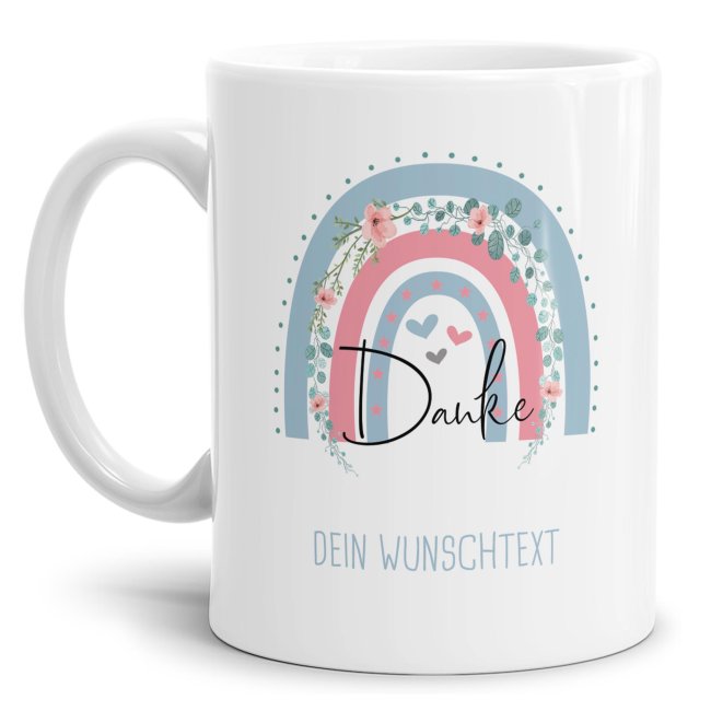 Bild von Tasse als Danke Geschenk - Regenbogen - mit Wunschtext - Weiß