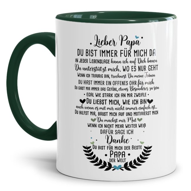 Bild von Keramik Tasse - Danke Papa Innen & Henkel Dunkelgrün