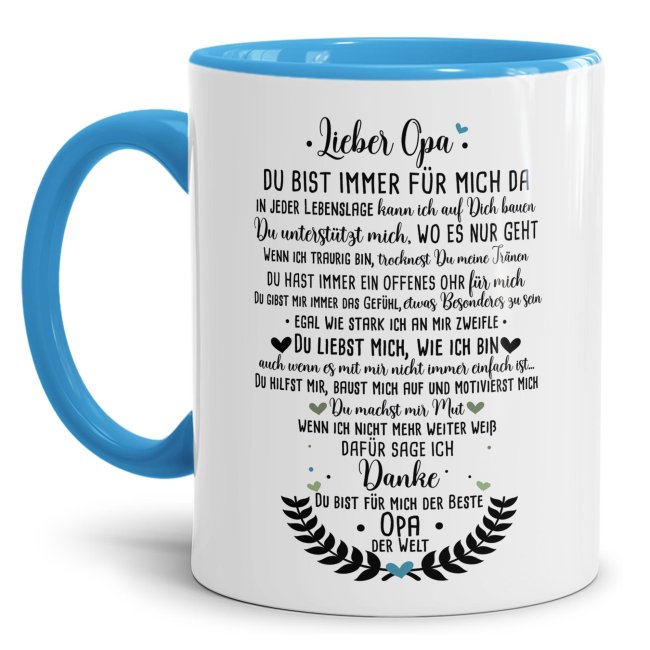 Bild von Keramik Tasse - Danke Opa Innen & Henkel Hellblau