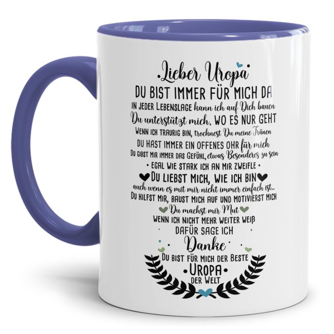 Bild von Keramik Tasse - Danke Uropa Innen & Henkel Cambridge Blau