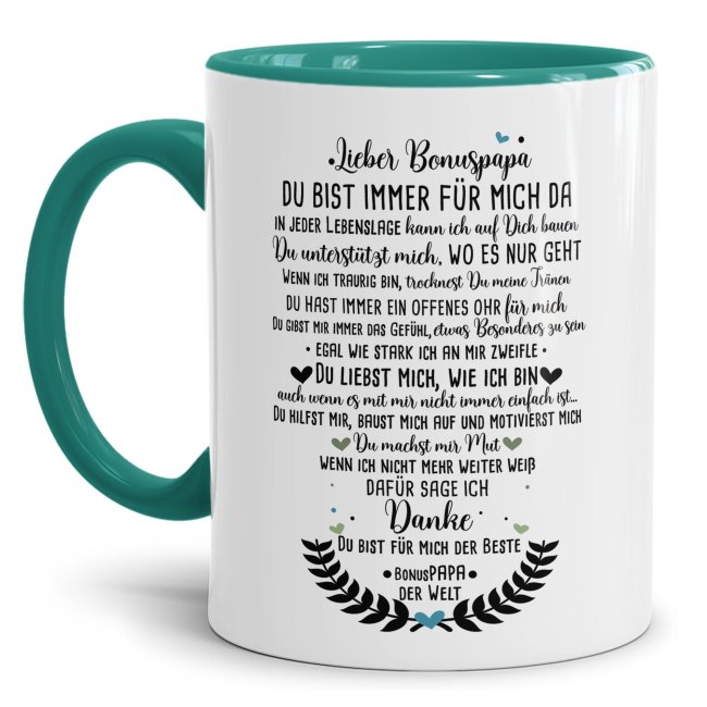 Bild von Tasse mit Spruch für Bonuspapa - Danke Bonuspapa - Geschenk für den besten Bonuspapa - Keramik Innen & Henkel Türkis, 300 ml