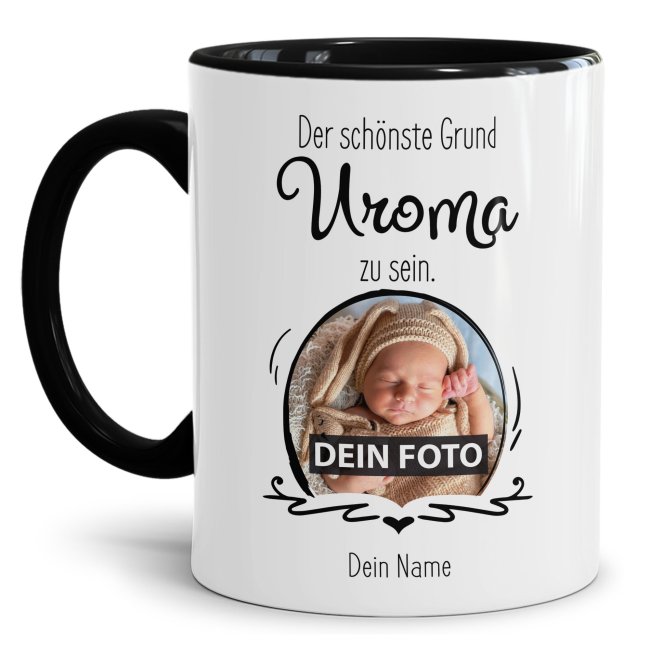 Bild von Fototasse für die Uroma - Der schönste Grund Uroma zu sein - Schwarz