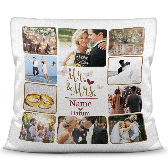 Bild von Fotokissen Hochzeitstag - Mr.& Mrs. - mit Fotos, Familienname und Datum - Weiß flauschig-weich