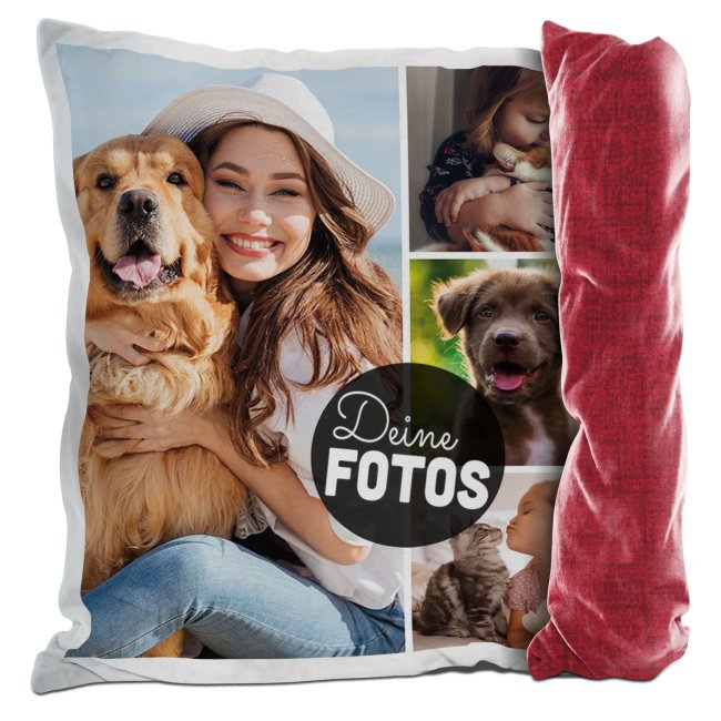 Bild von Kissen mit Fotocollage für 4 Fotos - Rückseite Rot gemustert
