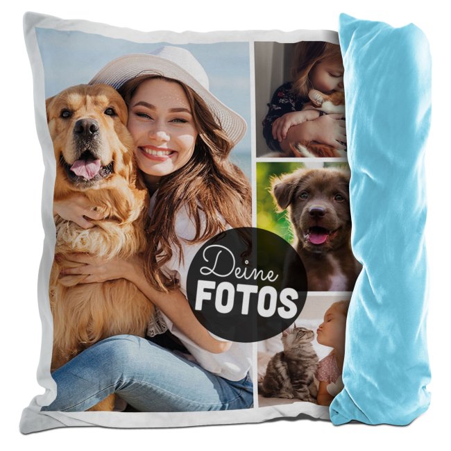 Bild von PR Print Royal Flauschiges Kissen mit Fotocollage selbst gestalten - mit 4 Fotos Personalisieren - Geschenk für Freunde und Familie | Rückseite Hellblau flauschig, inkl. Kissenfüllung, 40x40cm