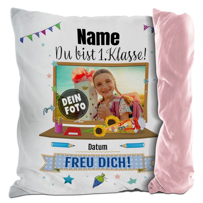 Bild von Kissen - Du bist 1. Klasse - mit Name, Foto und Datum - Rückseite Rosa