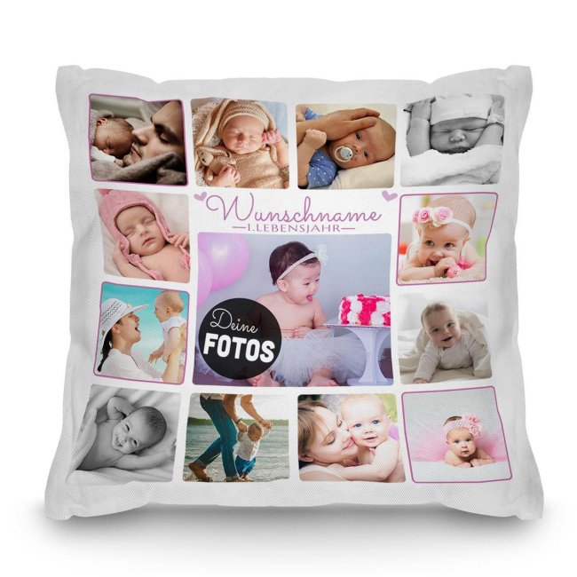Bild von PR Print Royal Kissen mit Fotocollage für Mädchen - 1.Lebensjahr - personalisiert mit 13 Fotos und Wunschname, personalisiertes Geschenk | 40x40cm, Weiß Polyester