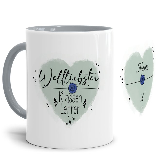 Bild von Personalisierbare Lehrer Tasse - Weltliebster Klassenlehrer - mit Name - Innen & Henkel Grau