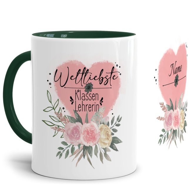 Bild von Personalisierbare Lehrer Tasse - Weltliebste Klassenlehrerin - mit Name - Innen & Henkel Dunkelgrün