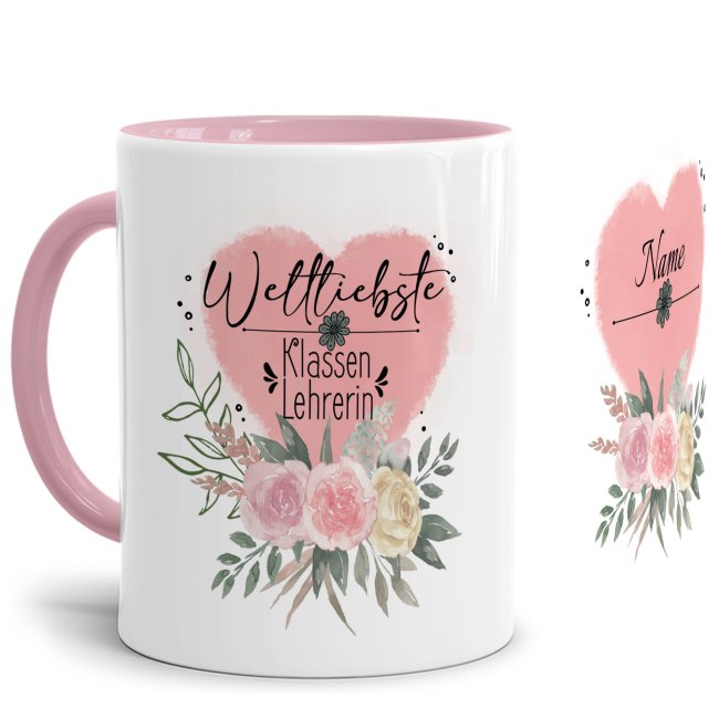 Bild von Personalisierbare Lehrer Tasse - Weltliebste Klassenlehrerin - mit Name - Innen & Henkel Rosa