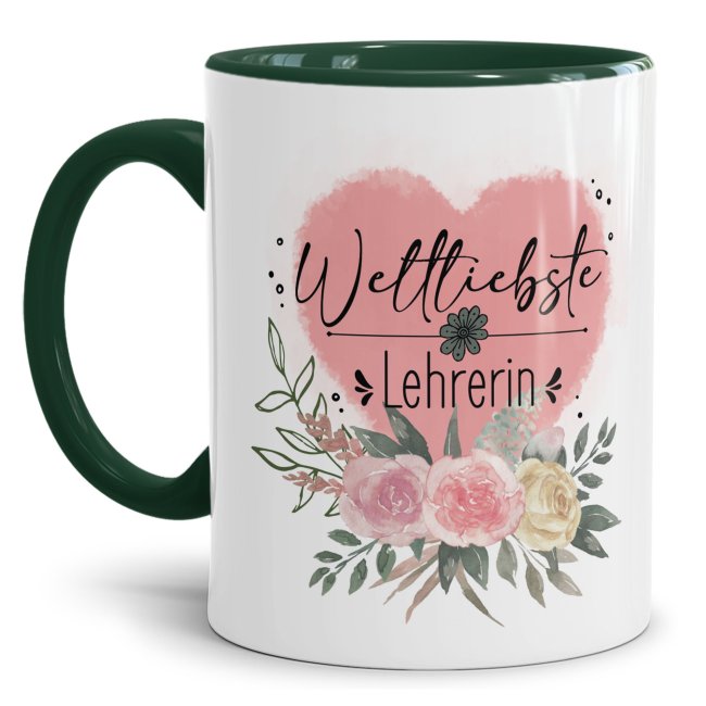 Bild von Lehrer Tasse - Weltliebste Lehrerin - Innen & Henkel Dunkelgrün