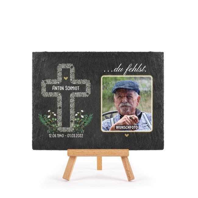Bild von Schieferstein mit Trauerfoto, Name und Datum - Du fehlst - 15 x 20 cm - mit Staffelei