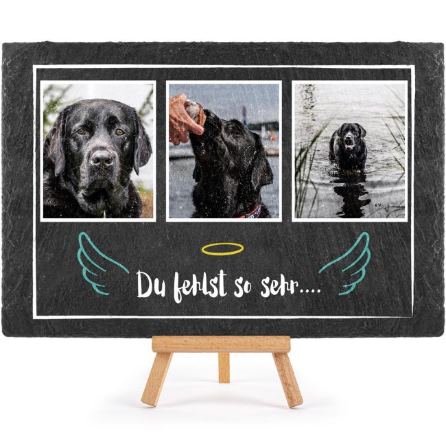 Bild von Hunde Schiefersteinplatte mit Staffelei & Spruch - Du fehlst - mit Foto-Collage