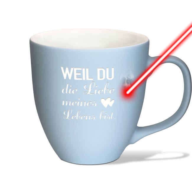 Bild von Samtig-matte Porzellantasse mit Gravur - XXL Jumbotasse - Liebe meines Lebens - Baby Blue