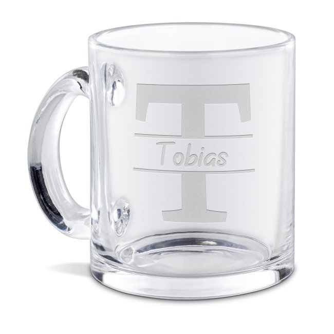 Bild von Glastasse mit Gravur - Initiale T und Name - Runde Schrift