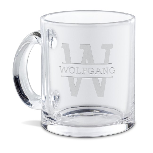 Bild von Glastasse mit Gravur - Initiale W und Name - Eckige Schrift