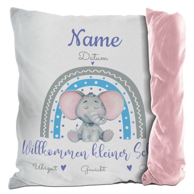 Bild von Kissen mit Elefant - Kleiner Schatz - personalisierbar mit Name und Geburtsdaten - Rückseite Rosa