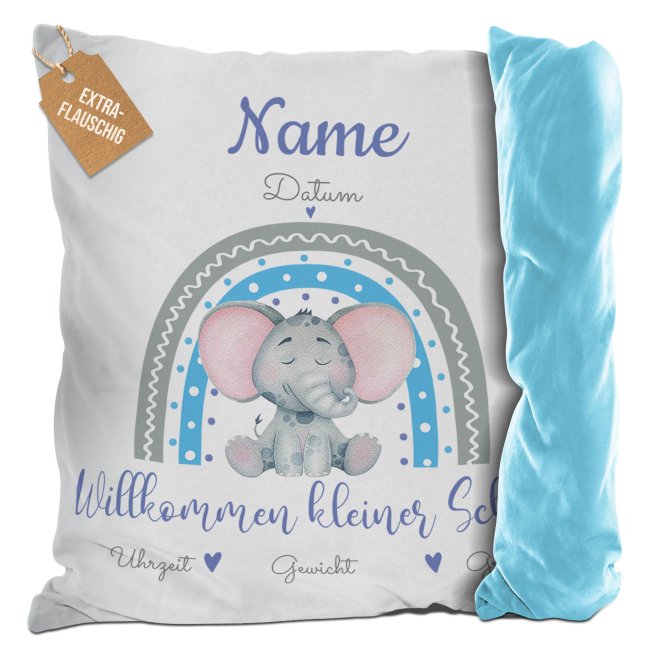 Bild von Kissen mit Elefant - Kleiner Schatz - personalisierbar mit Name und Geburtsdaten - Flauschig Rückseite Hellblau