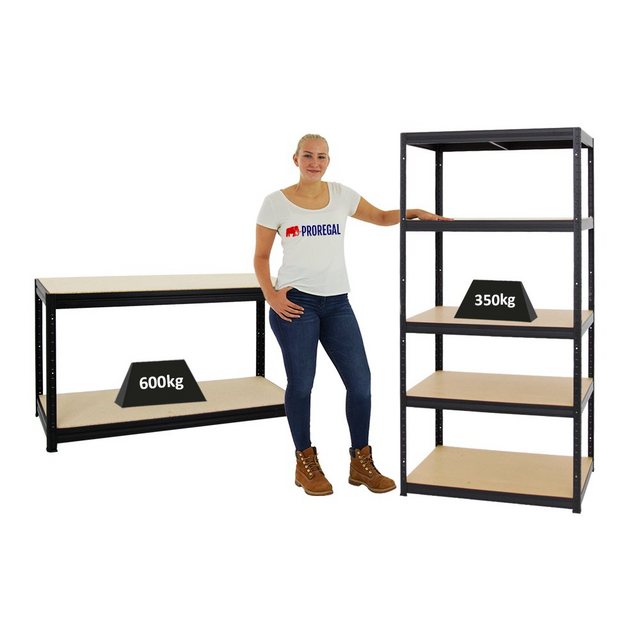 Bild von PROREGAL Mega Deal 1x Schwerlastregal Slim Elephant M HxBxT 180 x 90 x 60 cm & 1x Höhenverstellbare Werkbank Big Dino HxBxT 90 x 160 x 60 cm Schwarz