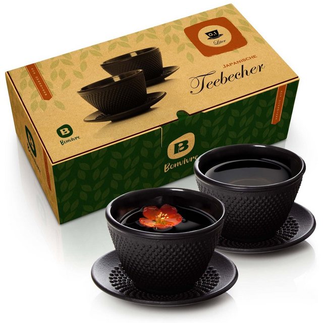 Bild von Bonvivre Teetassen + Untersetzer aus emailliertem Gusseisen - 2er Set - Asiatische Teebecher mit Untertassen - Japanische Teeschalen - Füllmenge je 100 ml