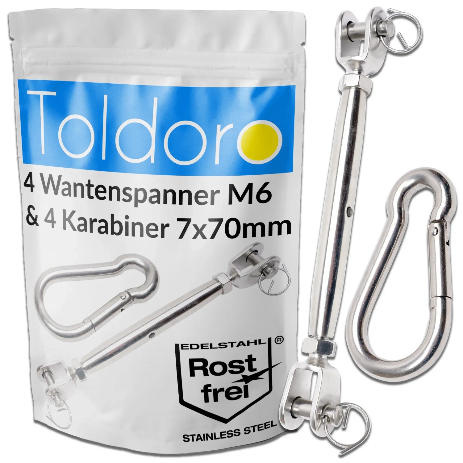 Bild von Toldoro 4 Sonnensegelspanner M6 & 4 Karabiner 70mm Wantenspanner Karabinerhaken Edelstahl Seilspanner für Sonnensegel