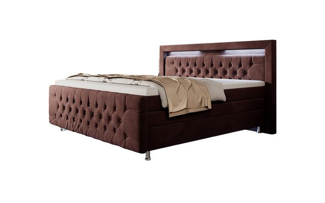 Bild von Luxusbetten24 Boxspringbett Lorena 140x200 Doppelbett Polsterbett Bett mit LED-Beleuchtung und Stauraum | Bezug: Samt | Farbe: Braun | Härtegrad: H4 (100kg+)