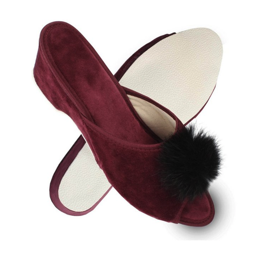 Bild von Filsko Latina Elegante Samt Pantoffeln für Damen mit Puschel Hausschuh